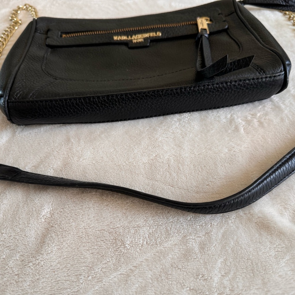 KARL LAGERFELD Black Leather Gold Chain Shoulder Bag Crossbody - Picture 7 of 9